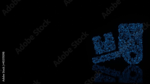 3d rendering mechanical parts in shape of symbol of truck loading isolated on black background with floor reflection
