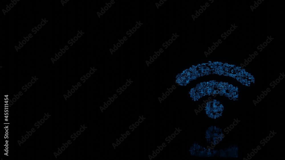 3d rendering mechanical parts in shape of symbol of Wi-Fi isolated on black background with floor reflection 3d rendering mechanical parts in shape of symbol of Wi-Fi isolated on black background with floor reflection