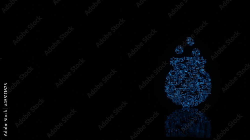 3d rendering mechanical parts in shape of symbol of alchemy pot isolated on black background with floor reflection