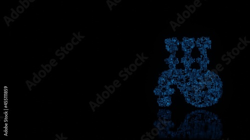 3d rendering mechanical parts in shape of symbol of bagpipes isolated on black background with floor reflection