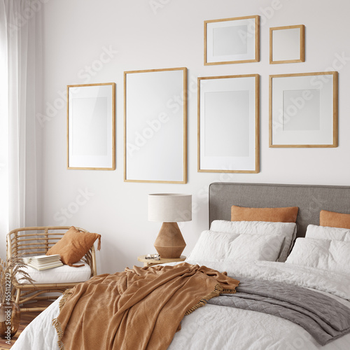 Friendly interior style. Bedroom room. Frame mockup. Poster mockup. 3d rendering, 3d illustration