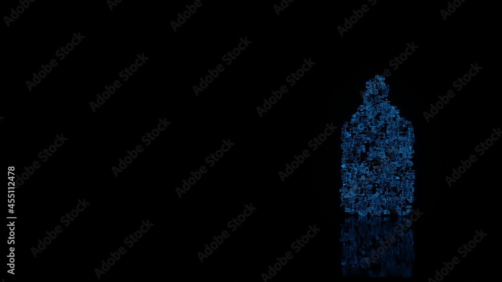3d rendering mechanical parts in shape of symbol of condiment isolated on black background with floor reflection 3d rendering mechanical parts in shape of symbol of condiment isolated on black background with floor reflection