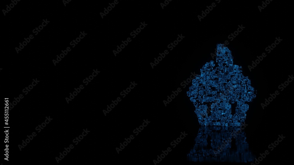 3d rendering mechanical parts in shape of symbol of cupcake isolated on black background with floor reflection