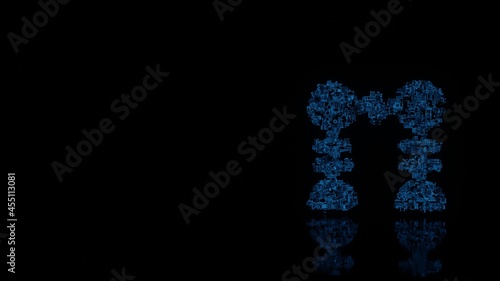 3d rendering mechanical parts in shape of symbol of experiment isolated on black background with floor reflection