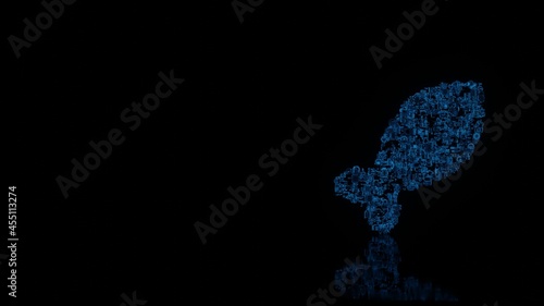 3d rendering mechanical parts in shape of symbol of fish isolated on black background with floor reflection