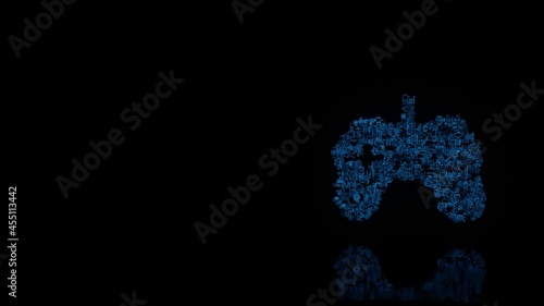 3d rendering mechanical parts in shape of symbol of game controller isolated on black background with floor reflection