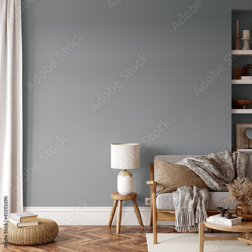 Fototapeta Friendly interior style. living room. Wall mockup. Wall art. 3d rendering, 3d illustration