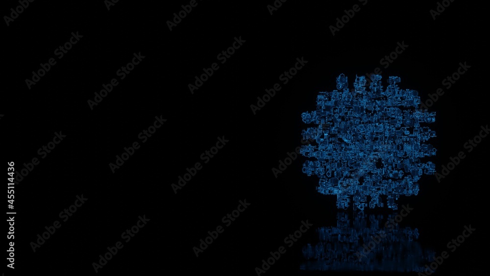 3d rendering mechanical parts in shape of symbol of chip isolated on black background with floor reflection 3d rendering mechanical parts in shape of symbol of chip isolated on black background with floor reflection
