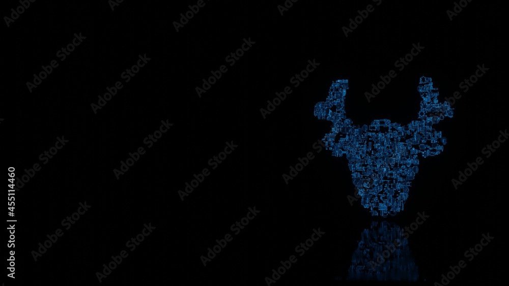 3d rendering mechanical parts in shape of symbol of Christmas reindeer isolated on black background with floor reflection 3d rendering mechanical parts in shape of symbol of Christmas reindeer isolated on black background with floor reflection