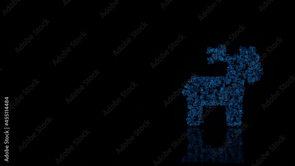 3d rendering mechanical parts in shape of symbol of Christmas reindeer isolated on black background with floor reflection 3d rendering mechanical parts in shape of symbol of Christmas reindeer isolated on black background with floor reflection