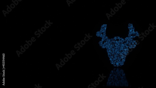 3d rendering mechanical parts in shape of symbol of Christmas reindeer isolated on black background with floor reflection