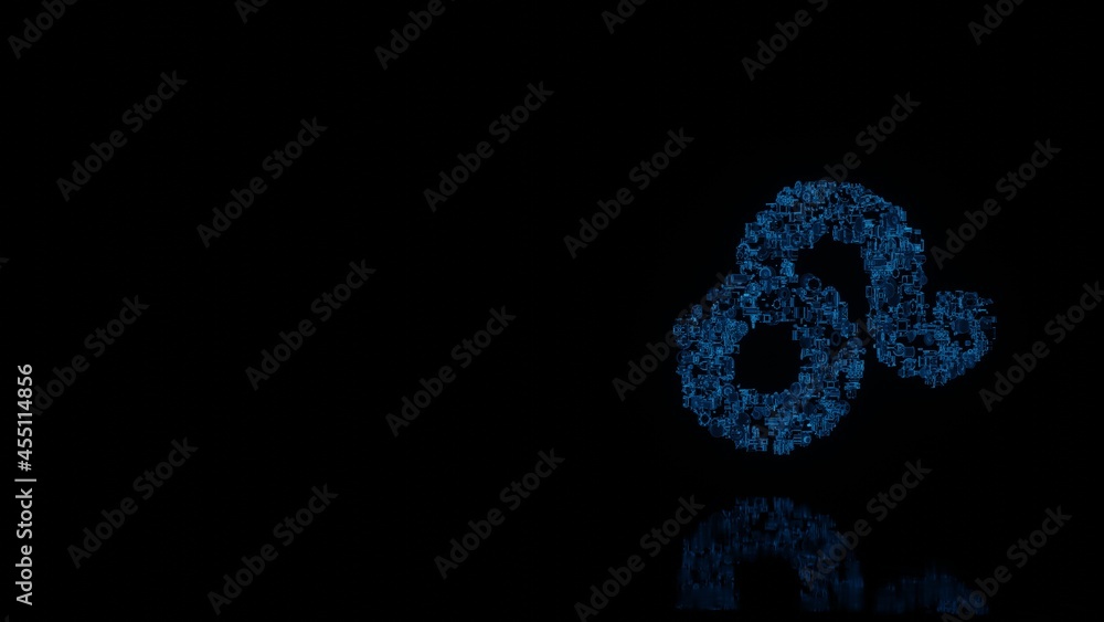 3d rendering mechanical parts in shape of symbol of Leo zodiac isolated on black background with floor reflection