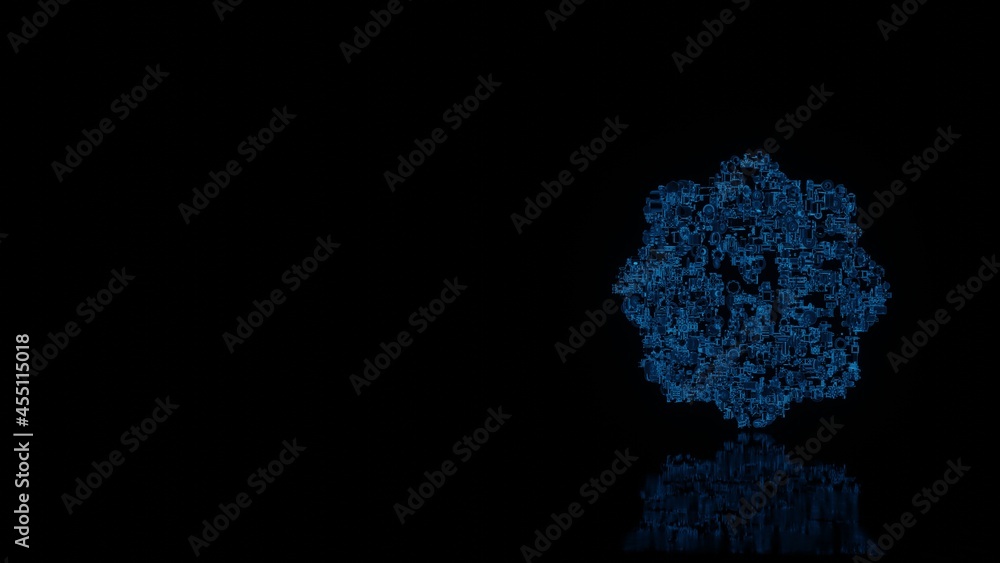 3d rendering mechanical parts in shape of symbol of manual camera isolated on black background with floor reflection 3d rendering mechanical parts in shape of symbol of manual camera isolated on black background with floor reflection