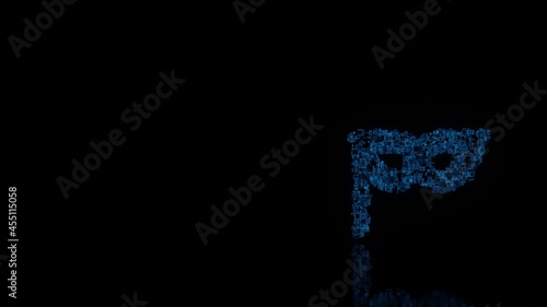 3d rendering mechanical parts in shape of symbol of mask isolated on black background with floor reflection