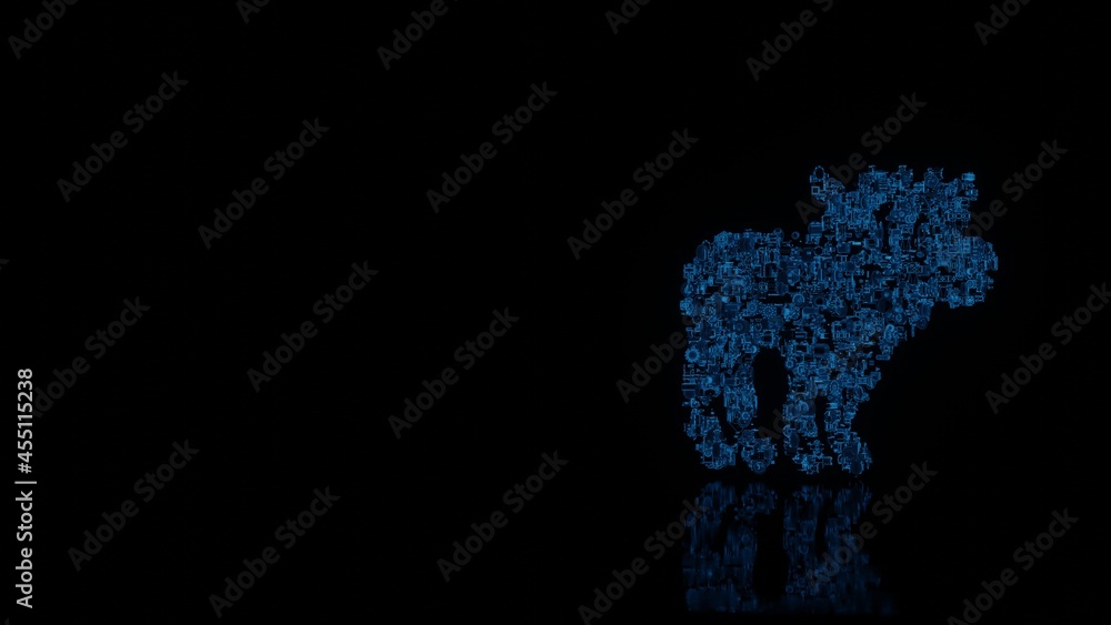 3d rendering mechanical parts in shape of symbol of moose isolated on black background with floor reflection