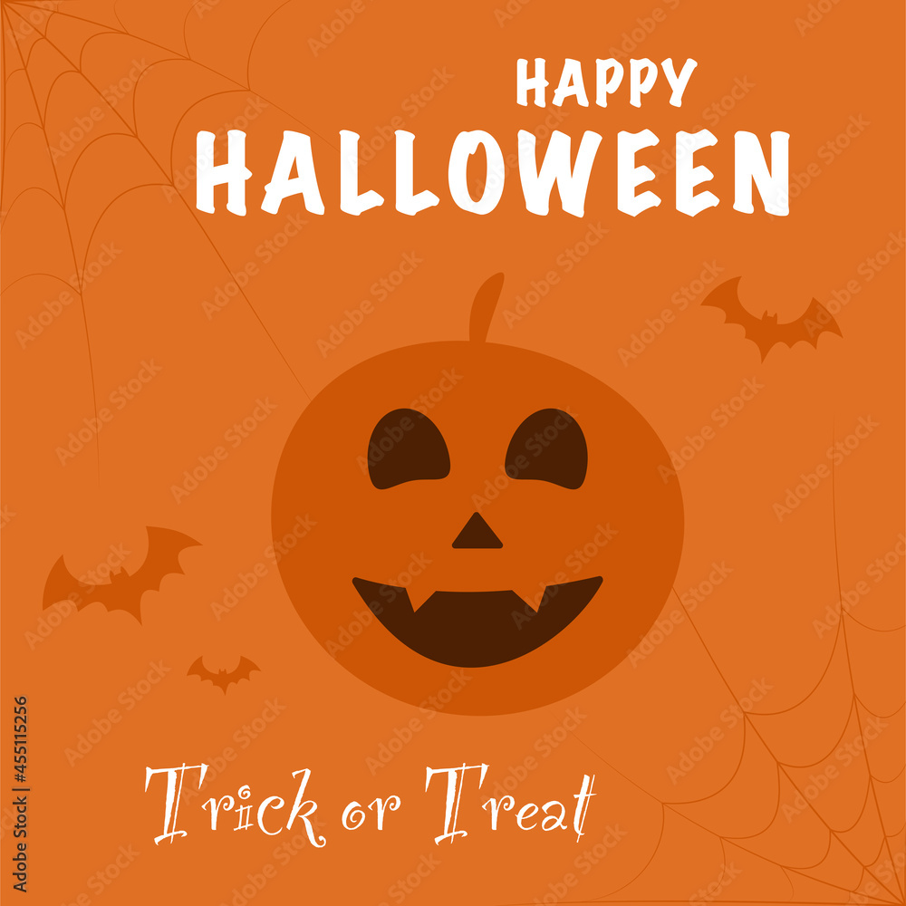 Happy Halloween, trick or treat. Greeting card with pumpkin, spider webs and bats. Vector illustration. Happy Halloween, trick or treat. Greeting card with pumpkin, spider webs and bats. Vector illustration.