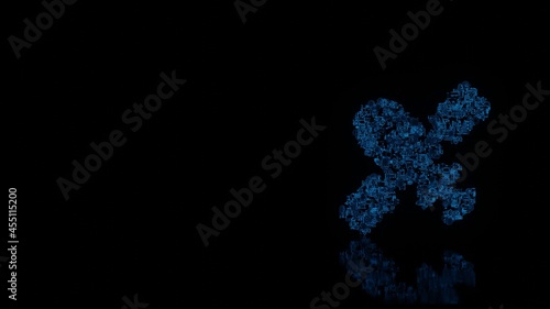 3d rendering mechanical parts in shape of symbol of modern satellite isolated on black background with floor reflection
