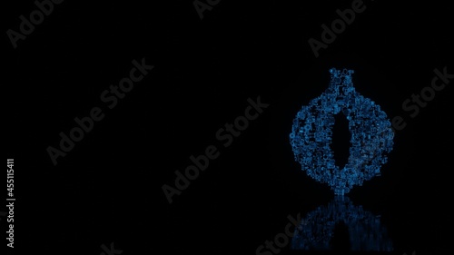 3d rendering mechanical parts in shape of symbol of onion isolated on black background with floor reflection
