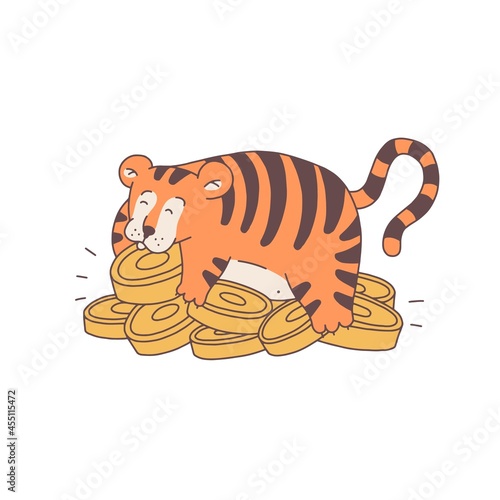 Fototapeta Naklejka Na Ścianę i Meble -  Tiger with money cartoon outline red cute character. Vector isolated illustration.