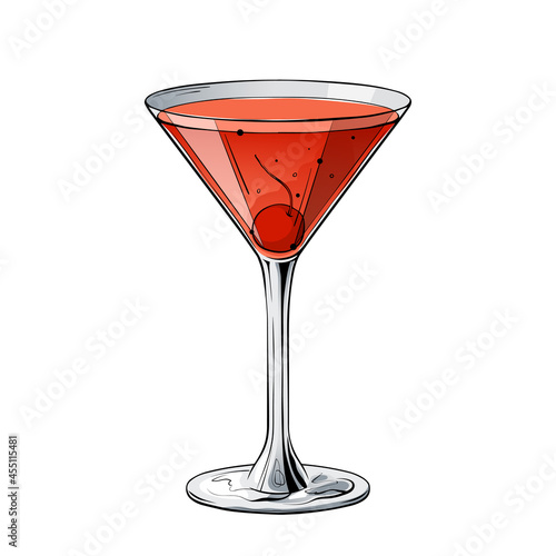 Manhattan cocktail, hand drawn alcohol drink with cherry. Vector illustration on white background