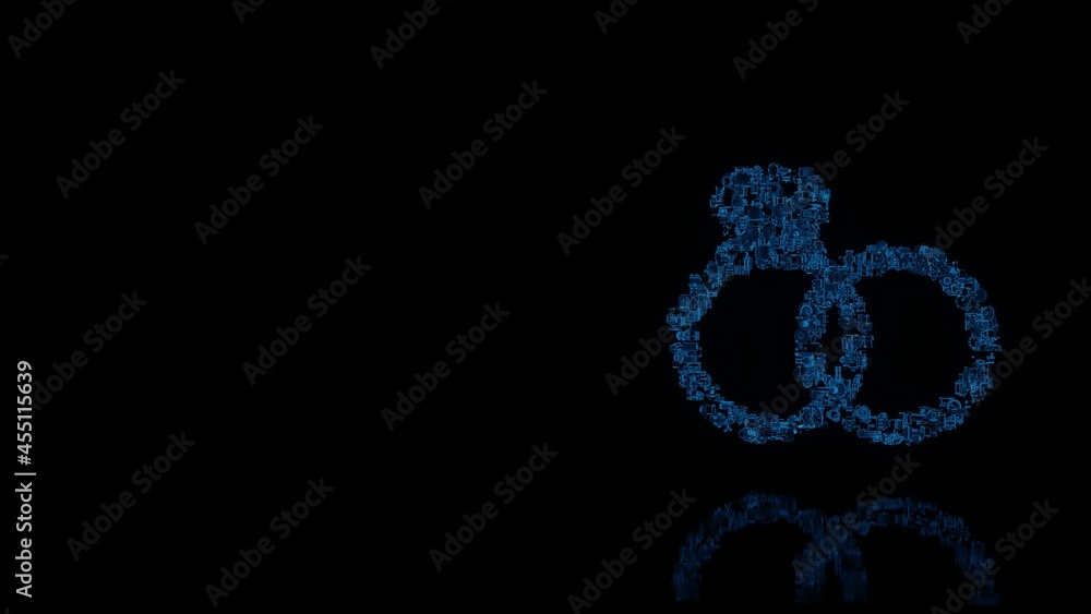 3d rendering mechanical parts in shape of symbol of proposal rings isolated on black background with floor reflection 3d rendering mechanical parts in shape of symbol of proposal rings isolated on black background with floor reflection