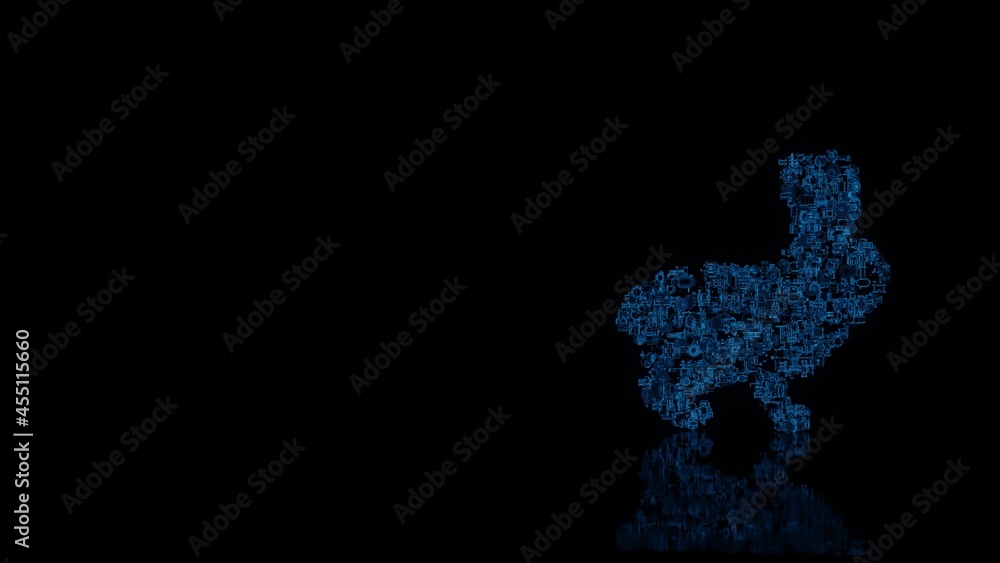 3d rendering mechanical parts in shape of symbol of rabbit isolated on black background with floor reflection
