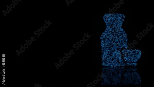 3d rendering mechanical parts in shape of symbol of sake isolated on black background with floor reflection