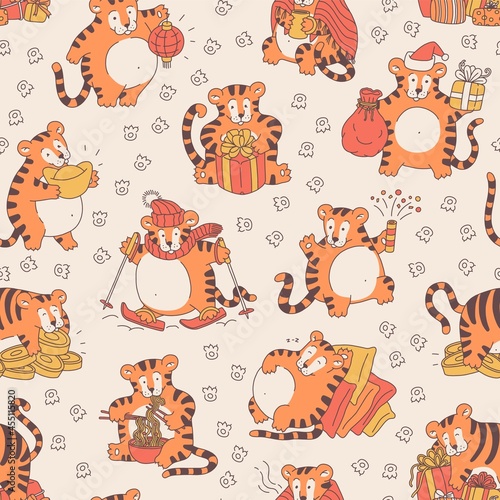 Fototapeta Naklejka Na Ścianę i Meble -  Seamless pattern with cute tigers. Festive background with funny chinese new year symbol tigris. Vector cartoon characters illustration