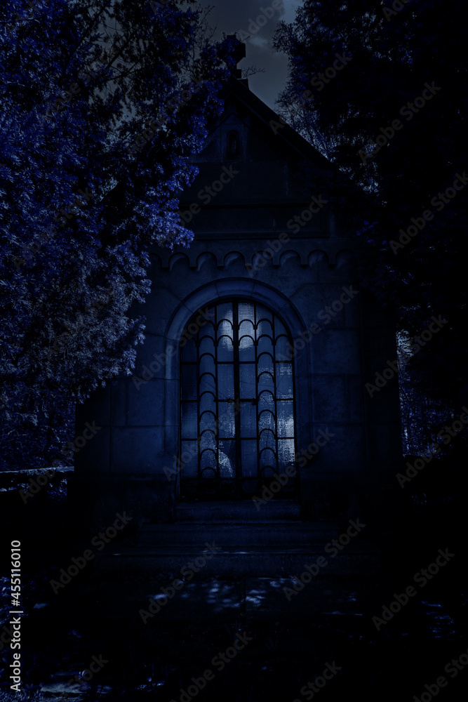 Obraz premium Family tomb in the cemetery with moonlight