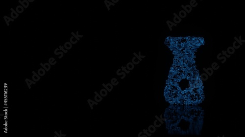 3d rendering mechanical parts in shape of symbol of soya sauce isolated on black background with floor reflection
