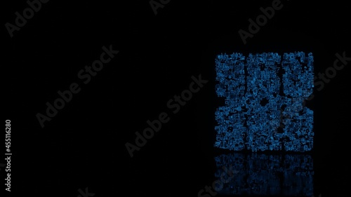 3d rendering mechanical parts in shape of symbol of space station isolated on black background with floor reflection