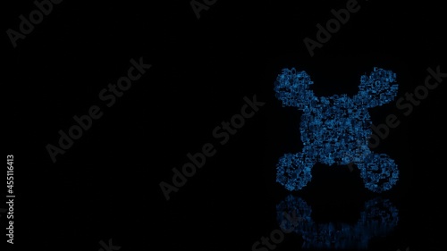 3d rendering mechanical parts in shape of symbol of sulfate isolated on black background with floor reflection