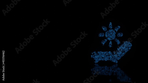 3d rendering mechanical parts in shape of symbol of sunbed isolated on black background with floor reflection