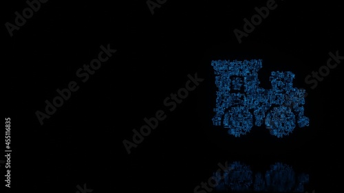 3d rendering mechanical parts in shape of symbol of toy train isolated on black background with floor reflection