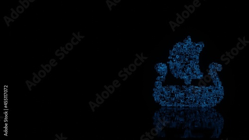 3d rendering mechanical parts in shape of symbol of Viking boat isolated on black background with floor reflection