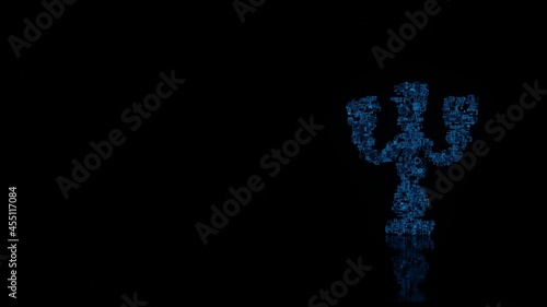 3d rendering mechanical parts in shape of symbol of vintage candelabra isolated on black background with floor reflection