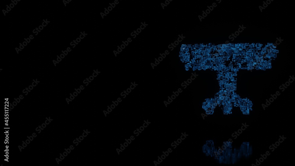 3d rendering mechanical parts in shape of symbol of vintage table isolated on black background with floor reflection 3d rendering mechanical parts in shape of symbol of vintage table isolated on black background with floor reflection