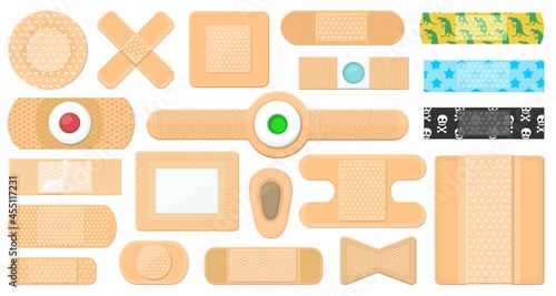 Bandage vector cartoon icon set . Collection vector illustration band plaster on white background.Isolated cartoon illustration icon set of bandage band for web design.