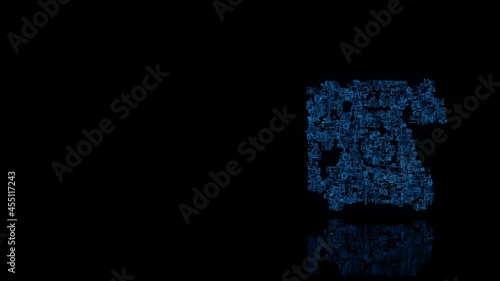 3d rendering mechanical parts in shape of symbol of vintage telephone isolated on black background with floor reflection