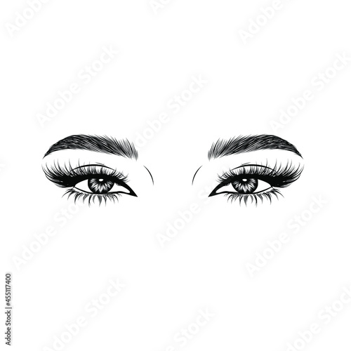 Sleek fashion illustration of the eye with luxe makeup and natural eyebrow. Hand drawn vector idea for business visit cards, templates, web, salon banners,brochures. Microblading visit card