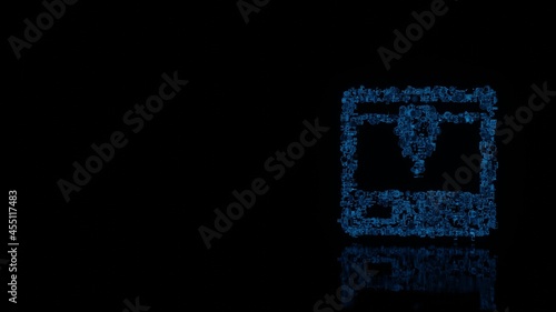 3d rendering mechanical parts in shape of symbol of 3d printer isolated on black background with floor reflection