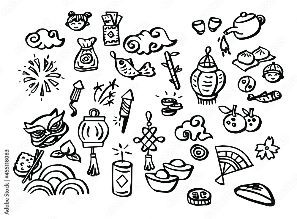 Fototapeta premium Set of object related to Chinese tradition in doodle style. Vector illustration.