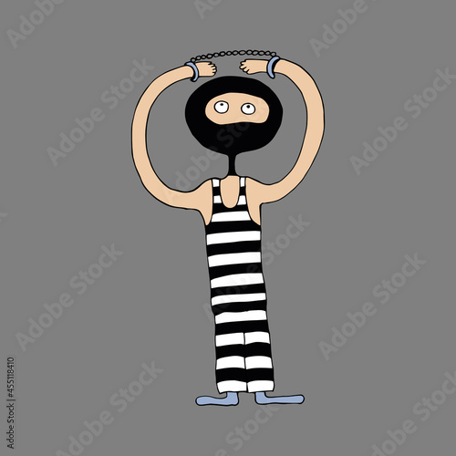 The thief is a swindler in striped clothes. The thief was caught by the police. The scammer in handcuffs. Vector. Doodles. Funny character in cartoon style. Isolated