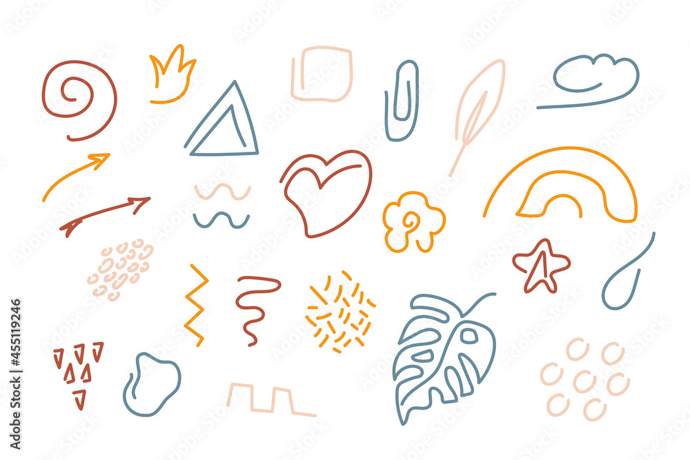 A collection of various colored vector geometric shapes for decoration on a white background