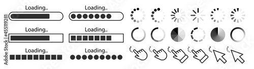 Progress loading bar. Set of load buttons icons. Download or upload status. System software update and upgrade concept. Vector illustration.