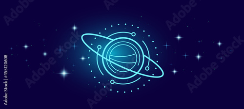 Vector Illustration of Abstract Neon Blue Light Space Symbol with Circle, Dot and Line on Dark Background