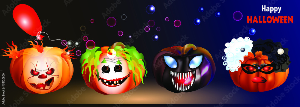 Cute Pumpkins Masked Movie Heroes Set Of Holiday Stickers Also Can Be Used As Banner Or Flyer