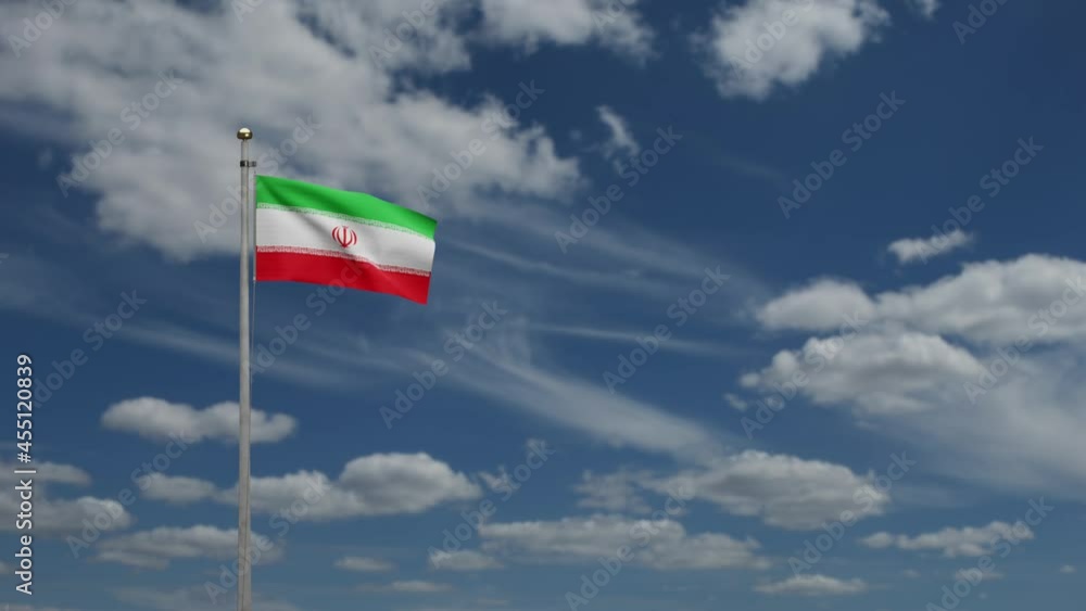 3D, Iranian flag waving on wind with blue sky and clouds. Close up of Iran banner blowing smooth silk. Cloth fabric texture ensign background-Dan