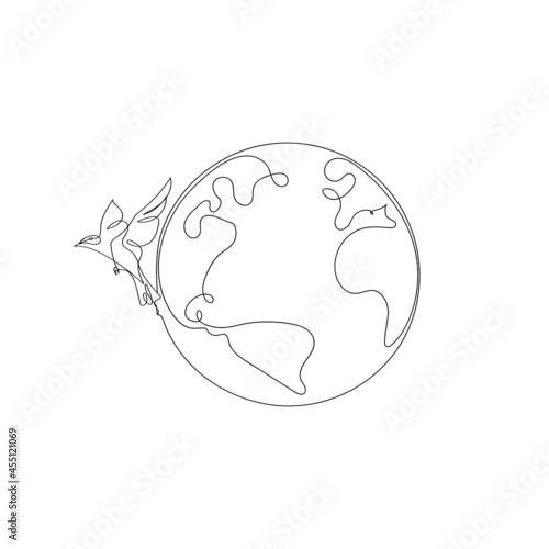 Earth globe one line drawing of world map vector illustration of minimalist minimalist design isolated on white background. Save the planet. WORLD PEACE. PEACEFUL BIRD
