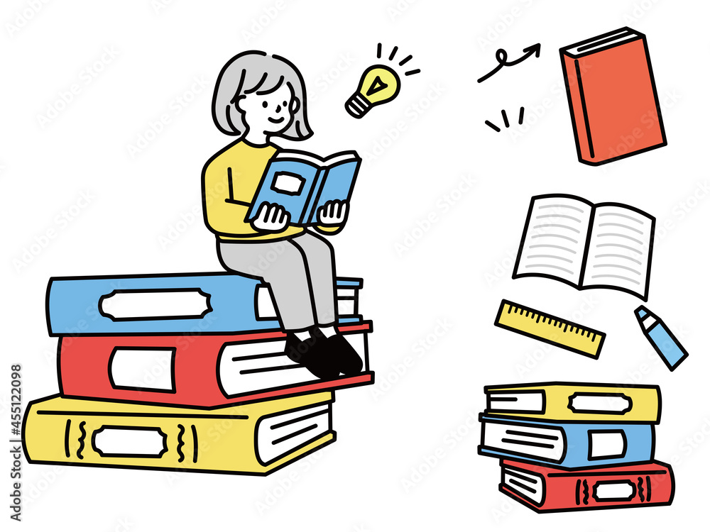 本を読む、勉強をするイラスト(学ぶ、成長、宿題、学生、閃き) Illustrations of reading and studying ...